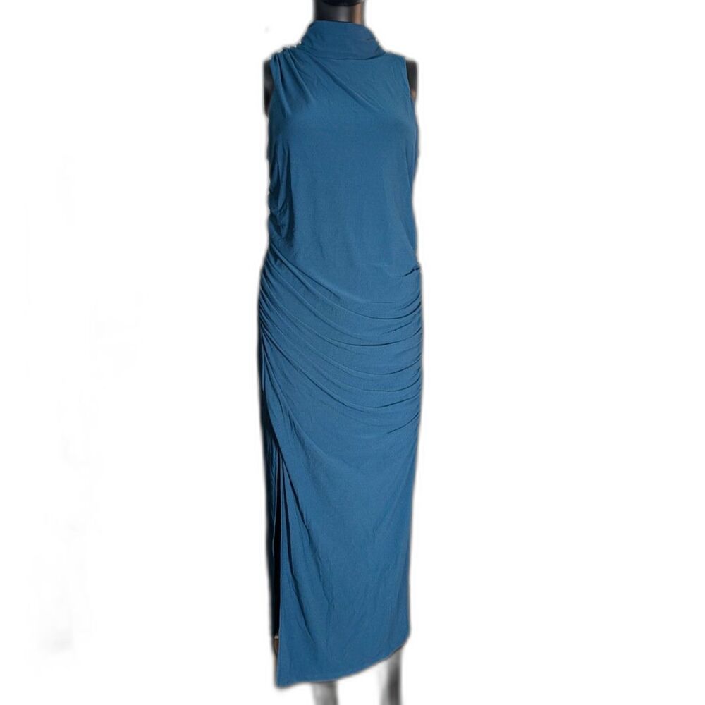 Hello Molly Teal Open Back Midi Dress XL AU14 US10 Ruched High Neck NWT